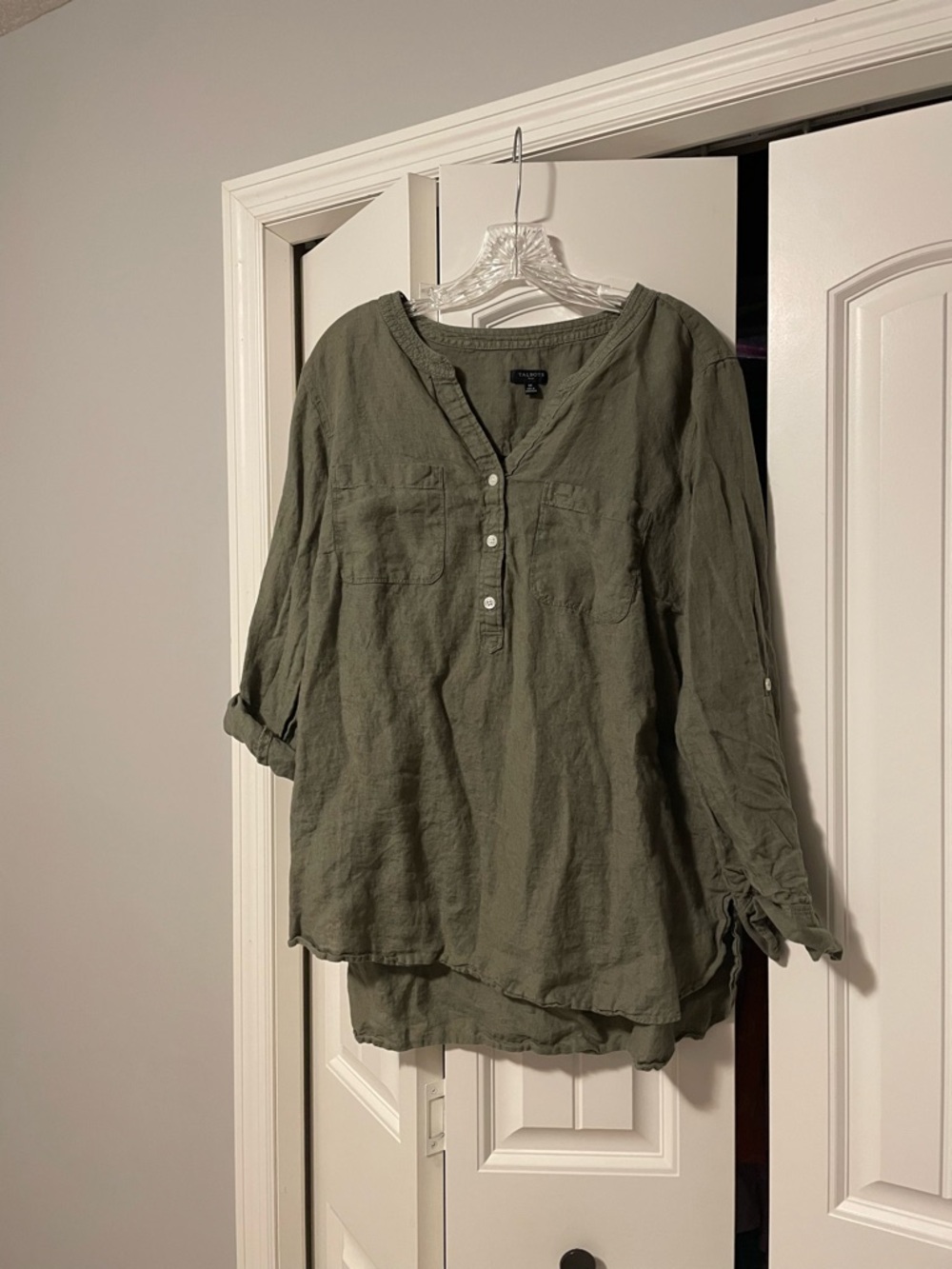 Talbots Side Button Linen Band Collar Popover